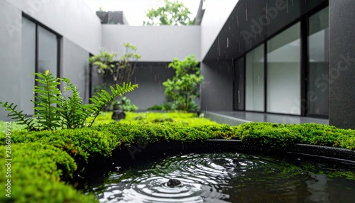 Modern building with serene water feature.