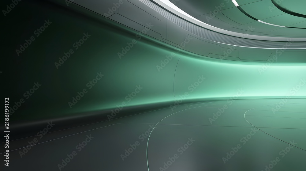 Fototapeta premium Futuristic green and gray sci-fi room with glowing light and curved walls keywords: futuristic