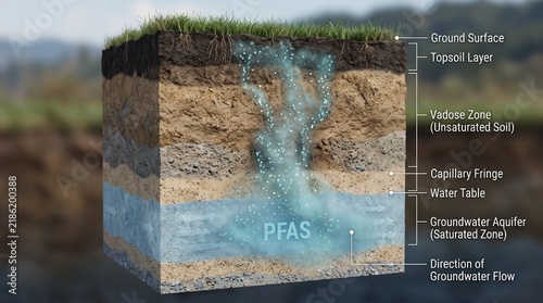 Conceptual model depicting the complex process of per- and polyfluoroalkyl substances (PFAS) leaching through different soil layers and polluting underground water sources