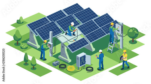 Engineers install and maintain photovoltaic solar panels for sustainable renewable energy generation.