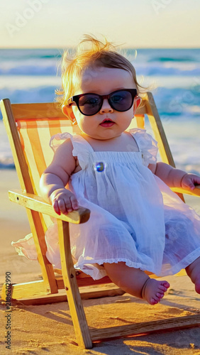 A young child sitting in a chair on the sandy beach, enjoying the sun and sea
