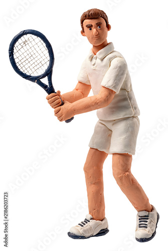 Claymation tennis player in white outfit holding racket ready to serve