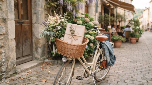 Vintage bicycle with a flower bouquet and gift package in a basket