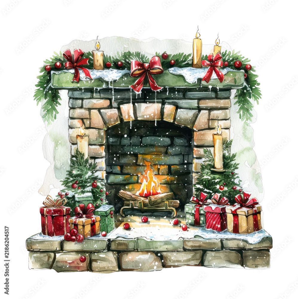 Fototapeta premium PNG Cozy festive fireplace illustration