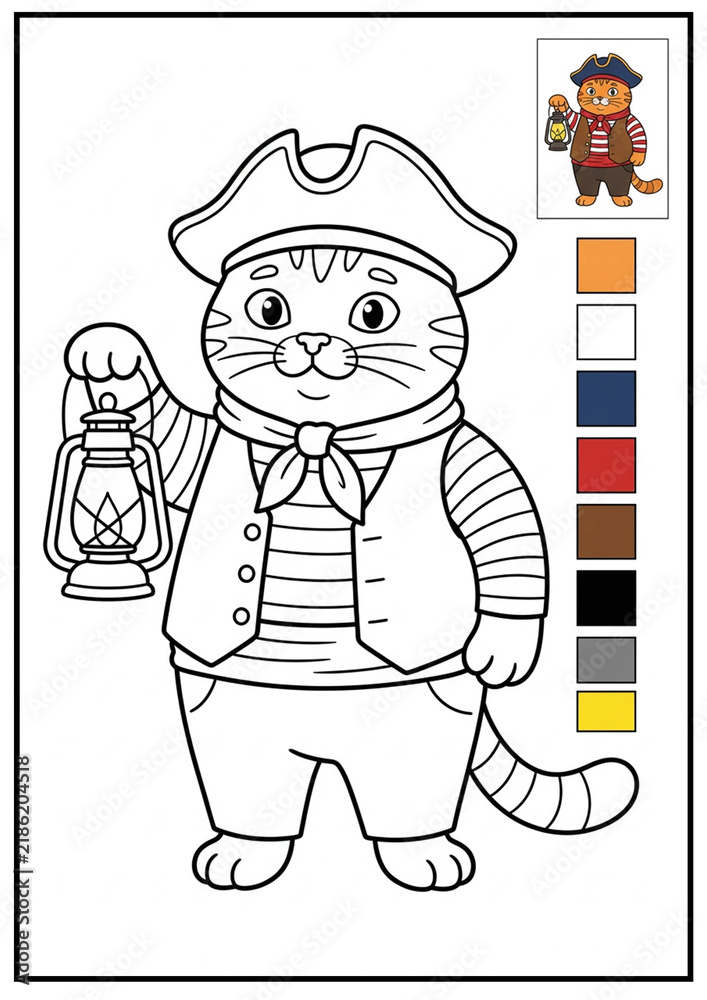 Obraz premium Cute chubby pirate cat holding a classic lantern in a clean black and white coloring book sheet with colored reference and a matching vertical color palette.
