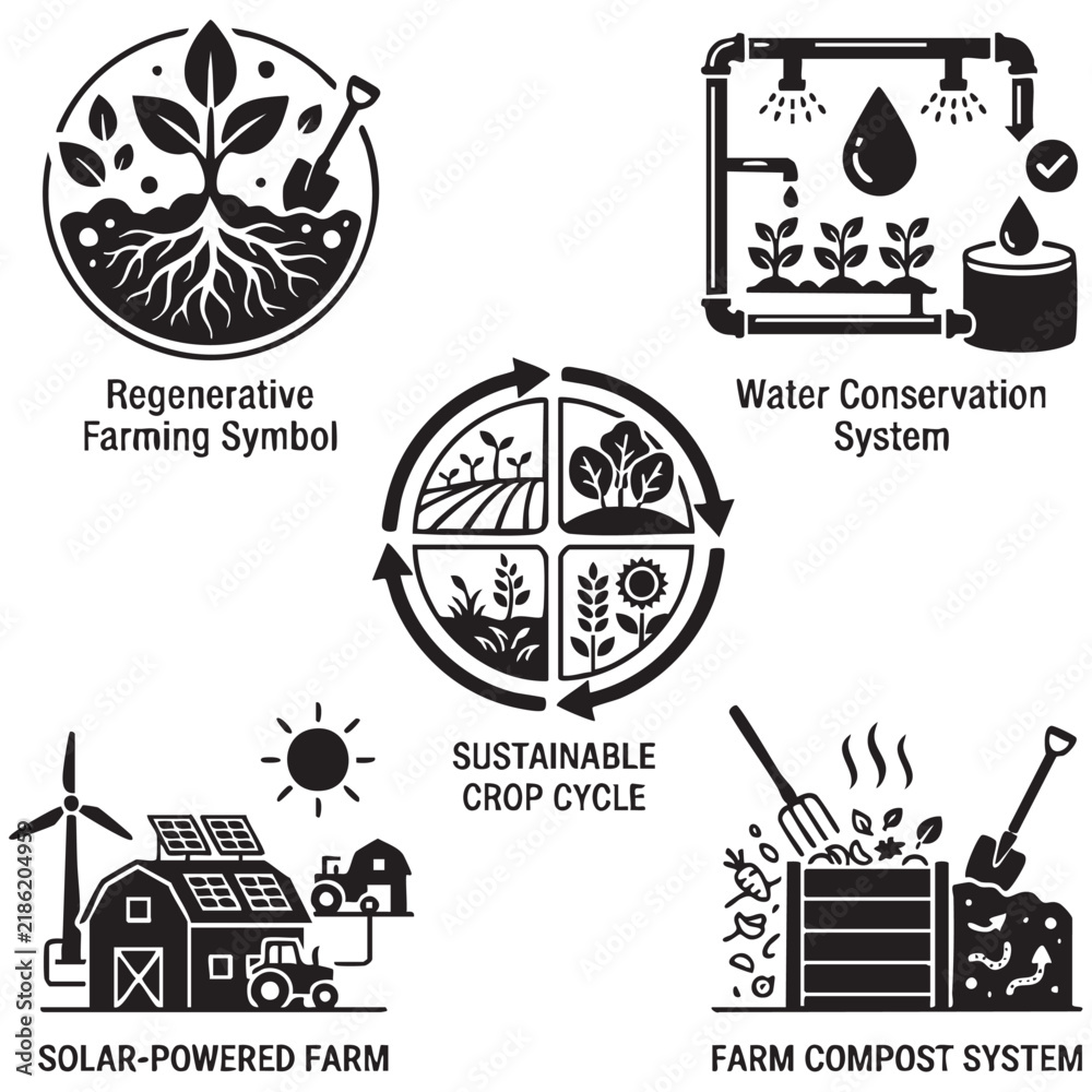 Obraz premium Smart Organic Farming Icon Set With Crop Monitoring Greenhouse Agriculture Technology And Sustainable Farm Systems