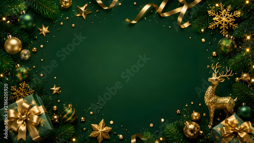 Elegant dark green christmas background with golden ornaments and deer
