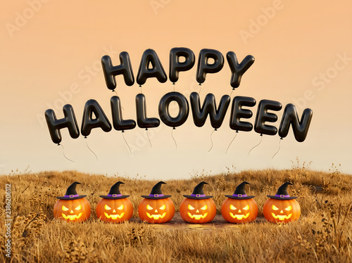 Happy Halloween black balloons with glowing jack-o-lantern pumpkins in a field.