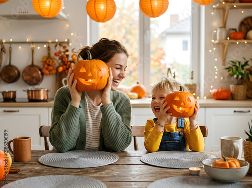 Mother and child holding carved pumpkins in kitchen for Halloween celebration