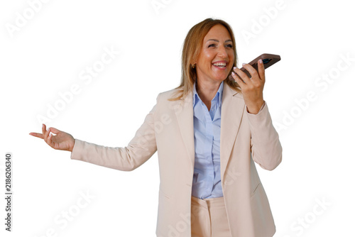 Bild auf Leinwand Businesswoman talking on smartphone speakerphone, smiling, communicating, using