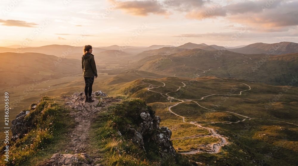 Obraz premium Woman standing on a hilltop overlooking a winding road through rolling hills at sunset