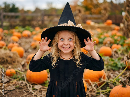 Little girl in witch hat playing at pumpkin patch for Halloween celebration