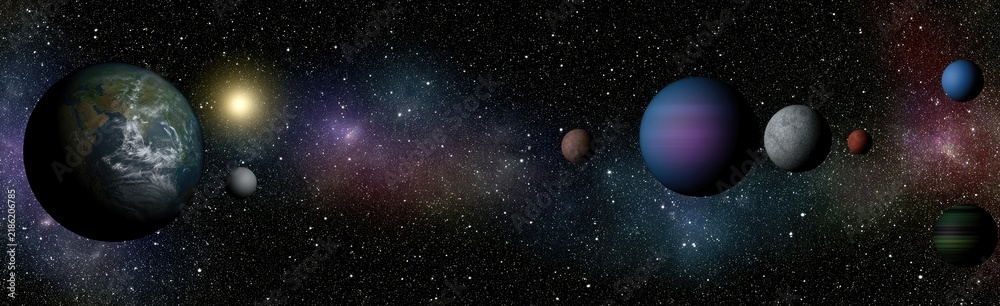 Obraz premium Celestial panorama showing a sun, planets, and a nebula