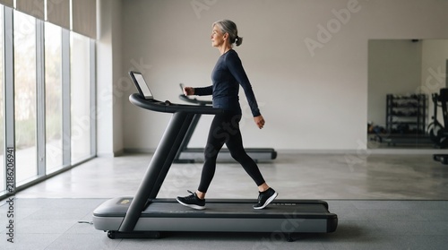Mature woman with gray hair walking on a treadmill in a bright gym