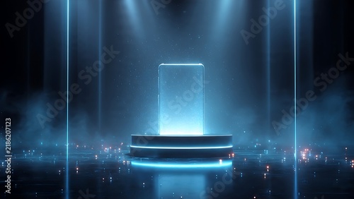 Vertical transparent smartphone screen on circular podium stage with blue laser lines in dark room