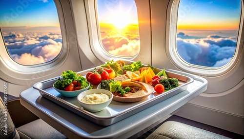 Delicious healthy meal served on a tray inside an airplane cabin with a beautiful sunset view through the window