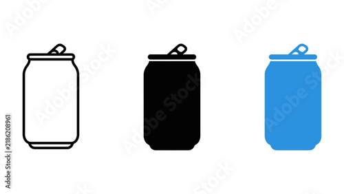 Set of soda can icons in outline, solid black, and blue styles