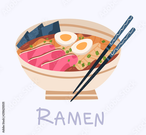 Japanese ramen noodle soup bowl with meat, eggs, nori seaweed, and chopsticks. Flat vector illustration