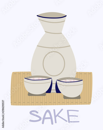 Traditional Japanese sake set with ceramic flask tokkuri and cups choko on bamboo mat. Flat vector icon illustration