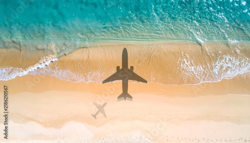 Aerial view of a passenger airplane casting a shadow on a tropical beach with turquoise ocean waves gently lapping the sandy shore