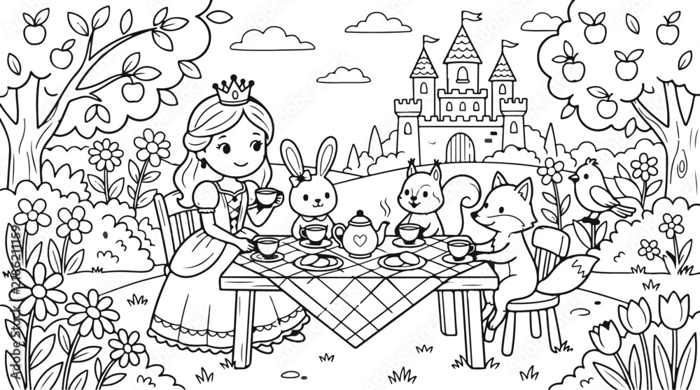 Naklejka premium Whimsical tea party with a princess and rabbits in a magical garden setting illustration