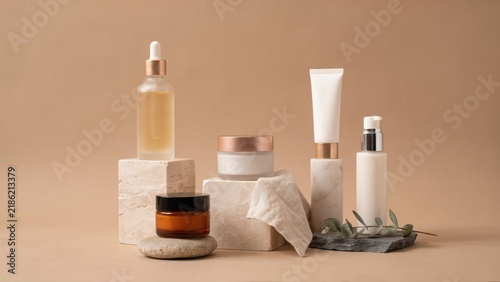 Cosmetic Products Arrangement with Amber Glass Bottles, Cream Tubes, and Jars Featuring Cosmetics, Skincare