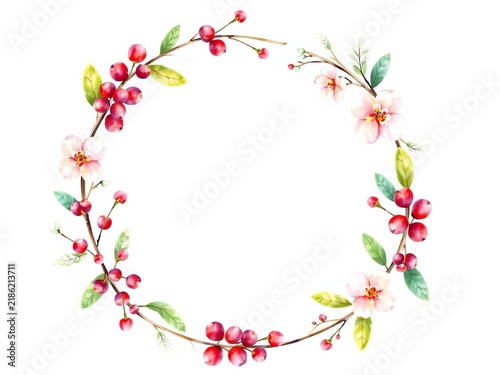 Delicate watercolor floral wreath with hand-drawn foliage and berries, wreaths, flowers