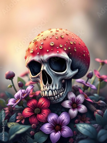 Delicate illustration of a skull-shaped mushroom surrounded by poison flowers, whimsical, poisonous