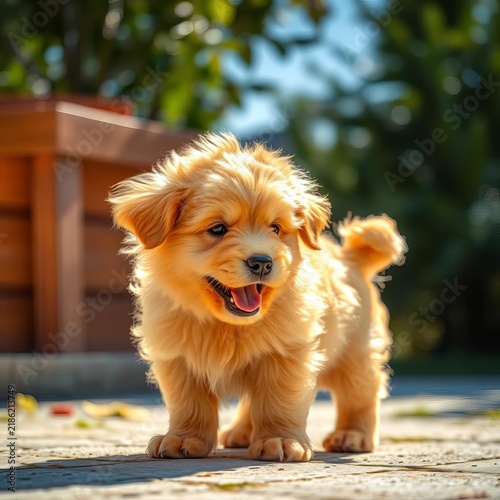 Fluffy golden fur glistens in sunlight as puppy wags tail with excitement, innocent, ||golden retriever