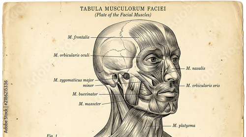 Vintage Anatomical Diagram of Human Facial and Head Musculature with Detailed Latin Labels