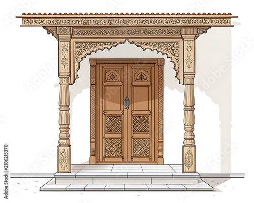 Traditional Marathi wada wooden doorway, minimal vector illustration, simple carved columns