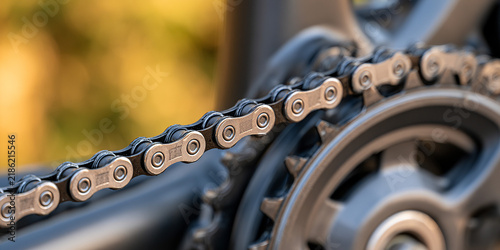 Close-up macro shot of a bicycle chain and gear mechanism with metallic texture and blurred background