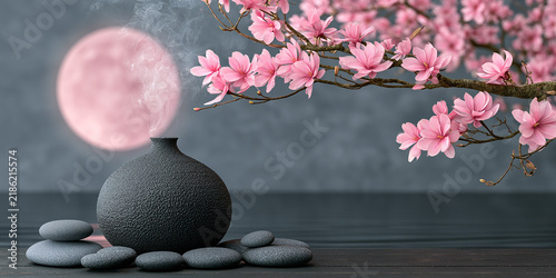 Charcoal ceramic vase with rising vapor and blooming pink magnolia branches against a soft moon backdrop