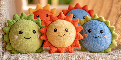 Set of colorful plush sun toys with happy expressions sitting on a soft textured fabric background