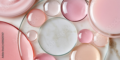 Top view macro of pink cosmetic serum drops gel and glass petri dishes on white marble background