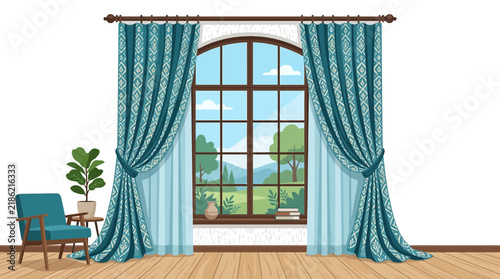 Cozy Living Room Interior with Arched Window and Teal Curtains Vector Illustration