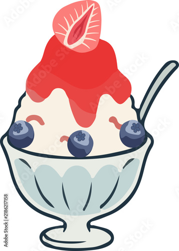 ice dessert kakigori topped with red strawberry syrup, fresh slice strawberry, and blueberries in a glass bowl vector illustration isolated on white background