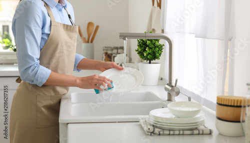 Person Rubber Gloves Washing Dishes Sponge Kitchen Sink Cleaning Household