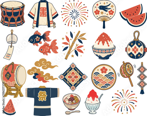 Vector icon set of traditional Japanese summer elements