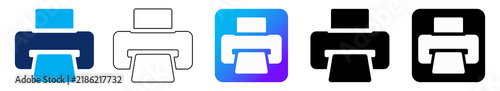 Foto Printer Device Icon Set with Blue Fill, Black Outline, Blue Gradient Square Whit
