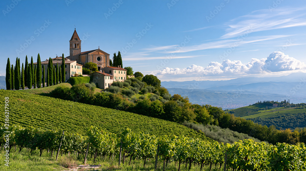 Naklejka premium Hilltop village with a historic church surrounded by vineyards, cypress trees and rolling countryside, southern European landscape, cultural heritage, tourism, panoramic view,