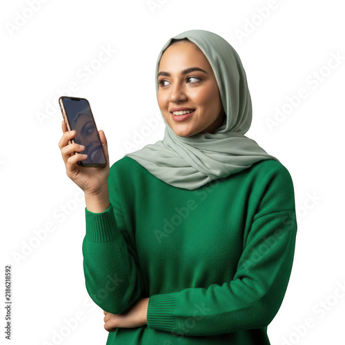 Woman holding smartphone while smiling and standing confidently
