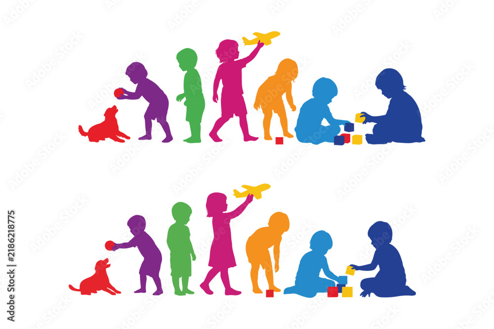 Fototapeta premium Colorful silhouettes of many happy children playing with building blocks toy airplanes and a friendly pet dog