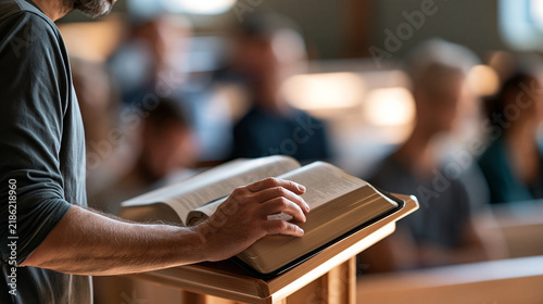 Anonymous pastor standing at a church lectern with an open Bible  congregation softly blurred in background  sermon  Christian leadership  ministry  faith  shallow depth of field 