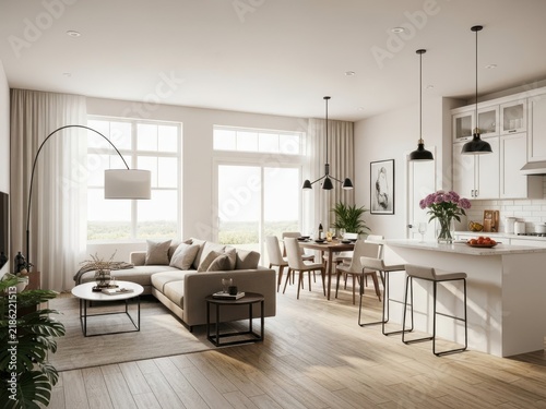 Modern living room with gray sofa and dining area