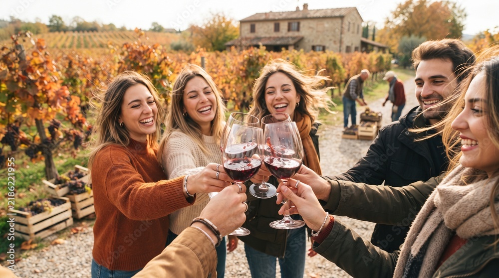 Fototapeta premium Happy Friends Toasting with Red Wine in Autumn Vineyard - Wine Tasting and Celebration at Winery with Rustic Villa Background