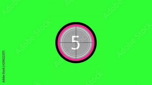 Ten-second countdown animation inspired by a classic film leader, featuring large numbers inside a circular target with rotating timing graphics on a bright green screen background