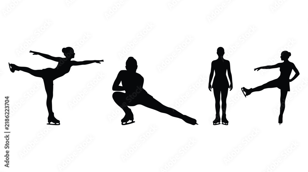 Obraz premium Elegant figure skaters performing professional artistic poses on ice in sharp black silhouettes against white background