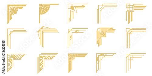 Art deco golden corner borders set. Vintage geometric corner ornaments, luxury linear angles, decorative border corners vector illustration. Roaring 1920s elegant certificate and invitation design ele