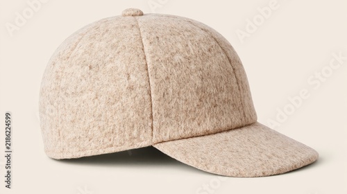 A neutral colored fabric cap rests on a plain background.